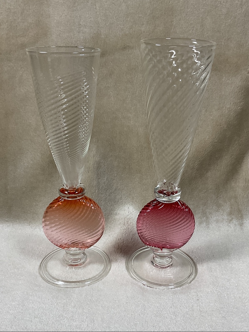 Handblown Glass Champagne Flutes with Pink and Coral Orb Stem